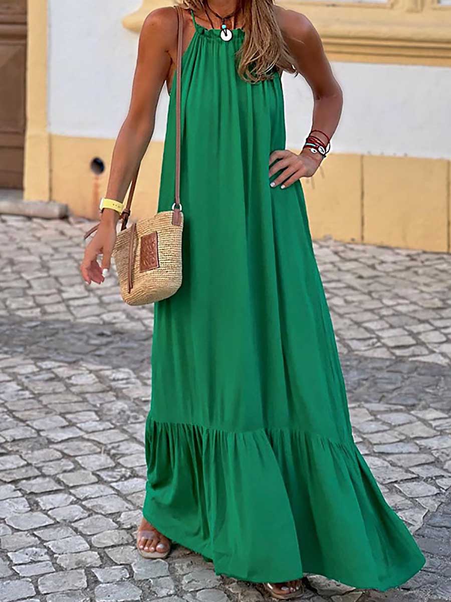 Bellevoga Fashion Temperament Solid Color Sleeveless Neck Long Dresses