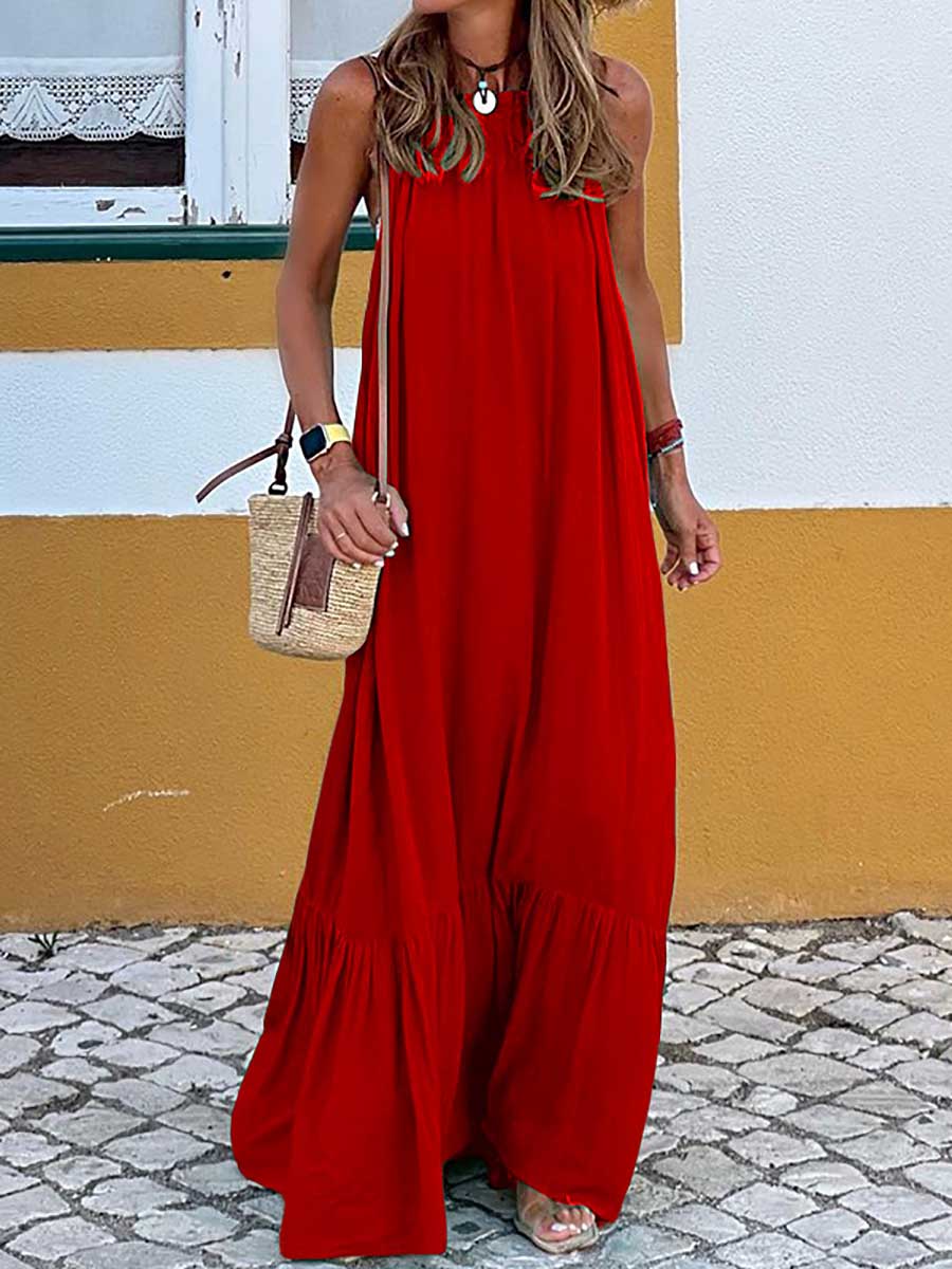 Bellevoga Fashion Temperament Solid Color Sleeveless Neck Long Dresses