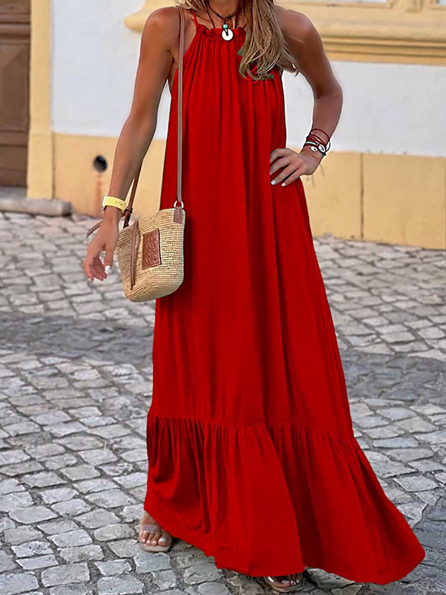 Bellevoga Fashion Temperament Solid Color Sleeveless Neck Long Dresses