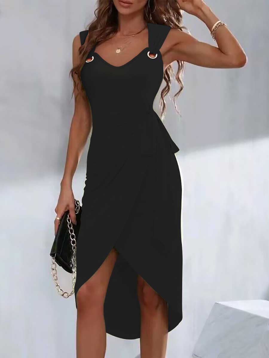 Bellevoga Solid Color Strappy Irregular Hem Casual Dress