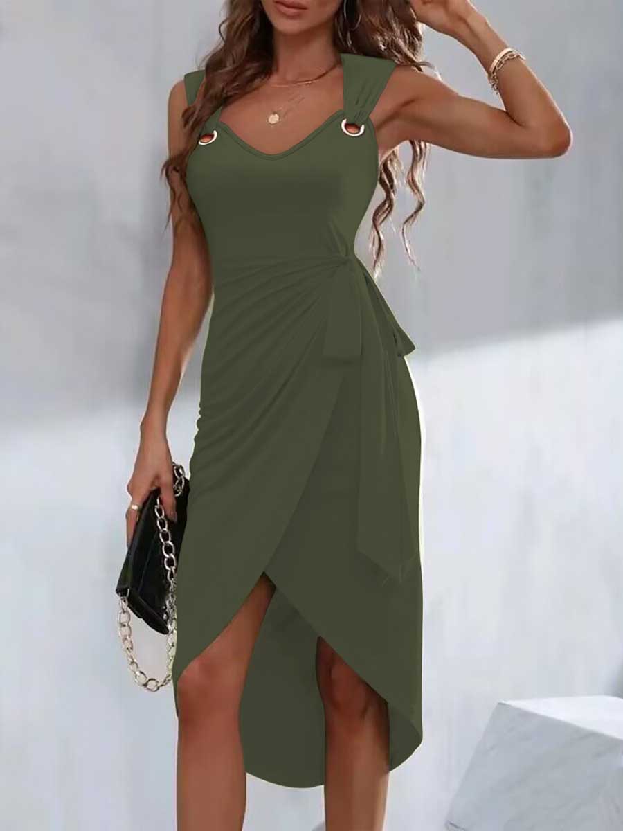 Bellevoga Solid Color Strappy Irregular Hem Casual Dress