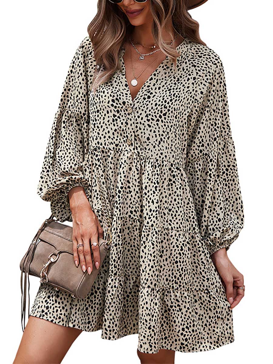 Bellevoga Long Sleeve Leopard Print Dress