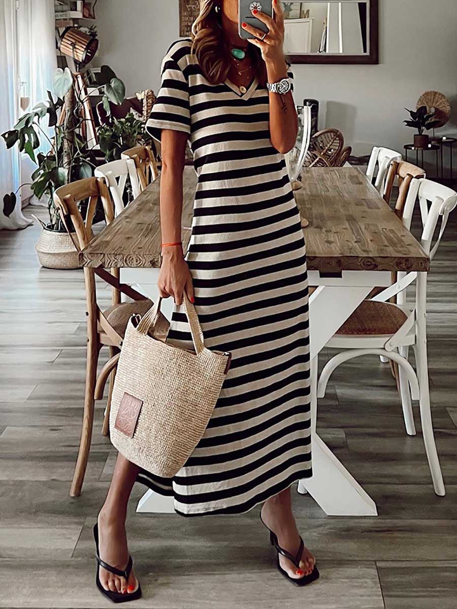 Bellevoga Striped printed v-neck long skirt