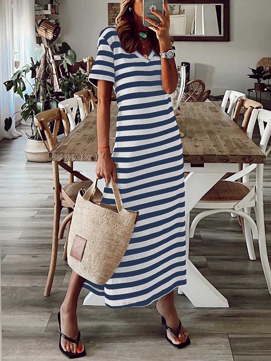 Bellevoga Striped printed v-neck long skirt