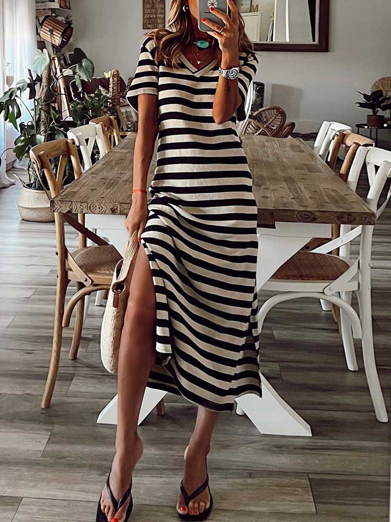 Bellevoga Striped printed v-neck long skirt