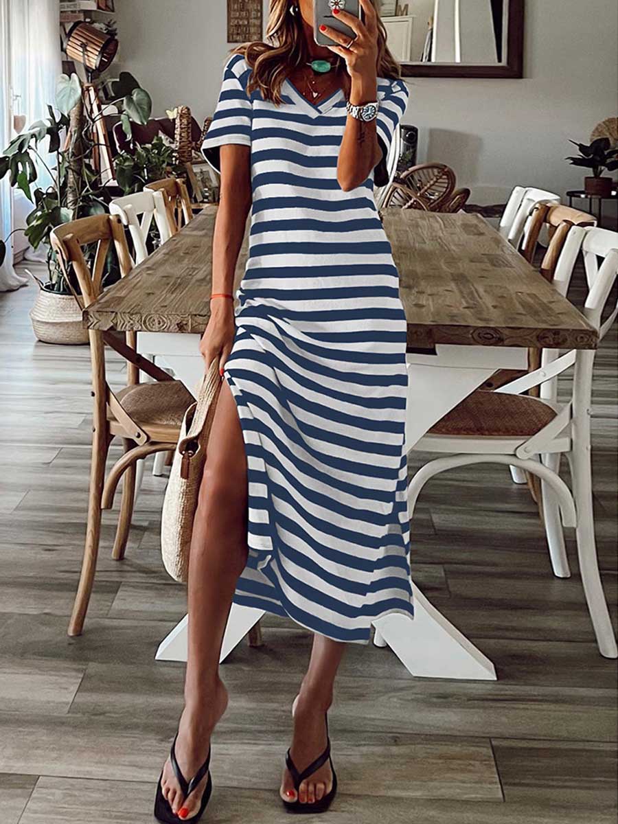 Bellevoga Striped printed v-neck long skirt