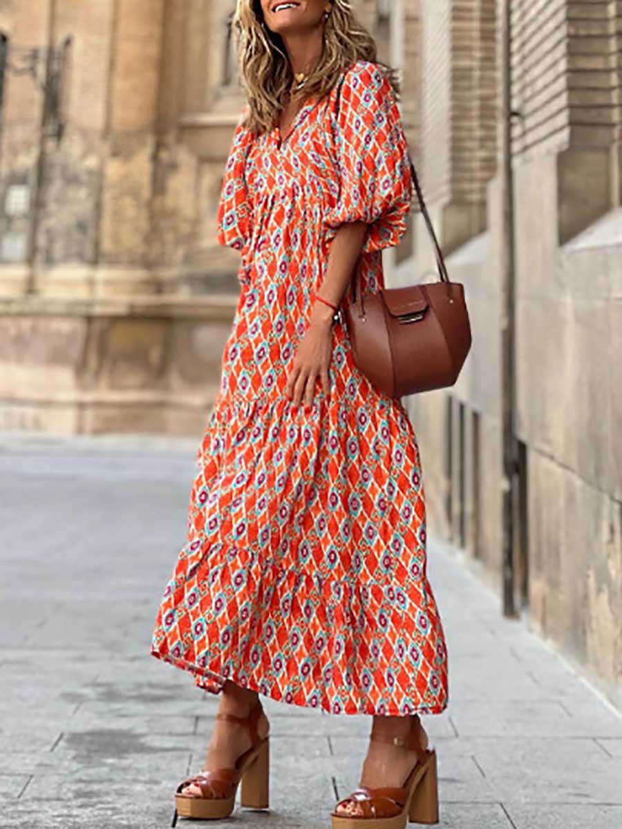 Bellevoga Printed Bubble Sleeve Dress