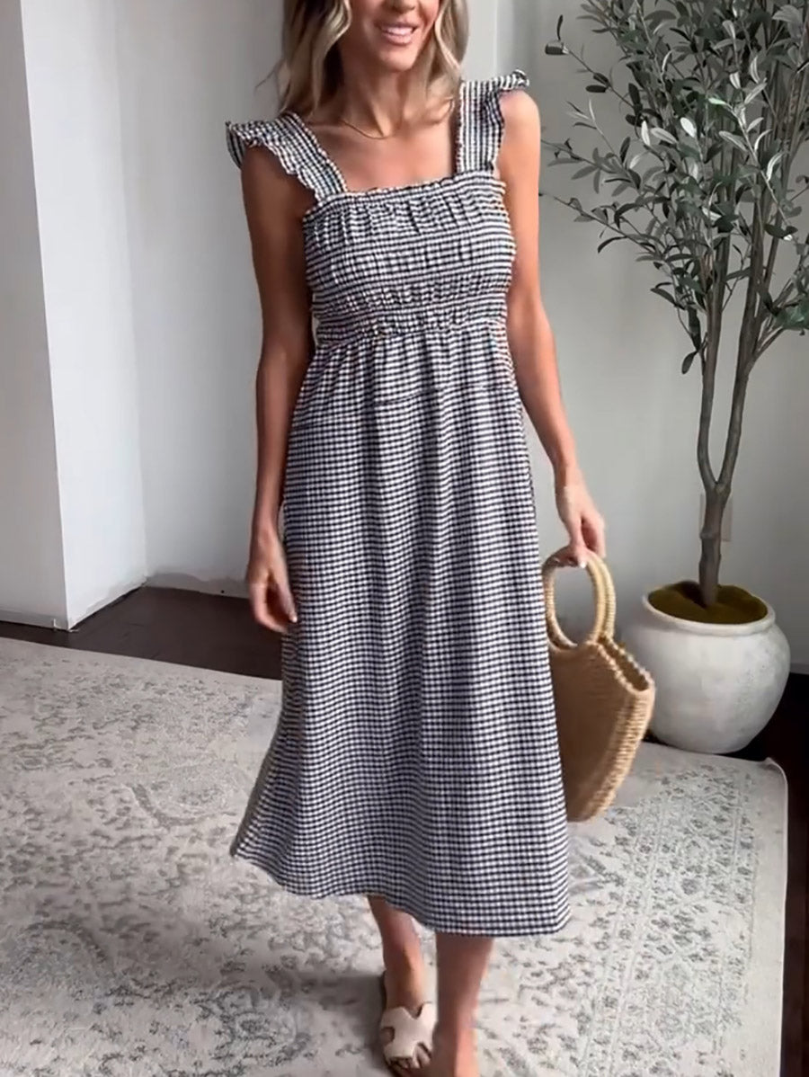 Gingham Smocked Midi Dress with Ruffle Straps