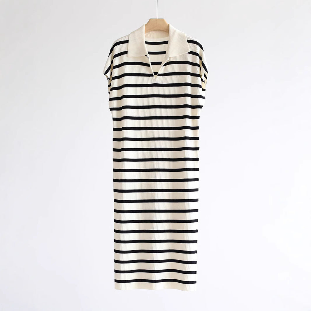 Lapel striped short sleeve slit long dress