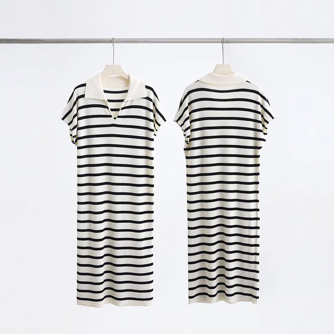 Lapel striped short sleeve slit long dress