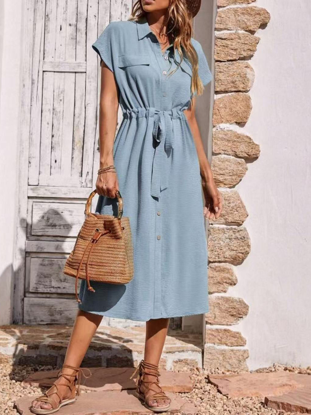 Comfortable Shirt Collar Waist-Cinching Dress