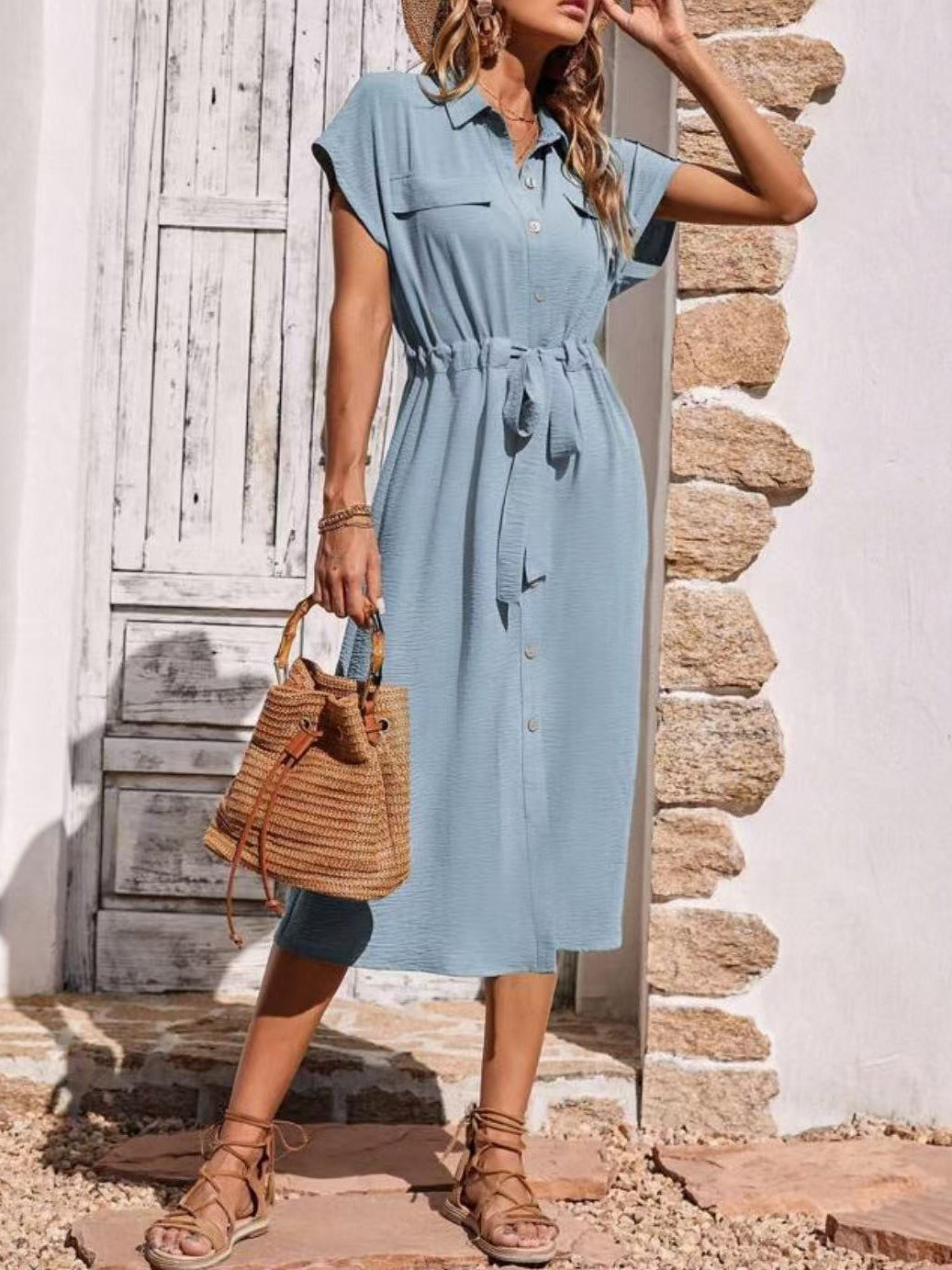 Comfortable Shirt Collar Waist-Cinching Dress