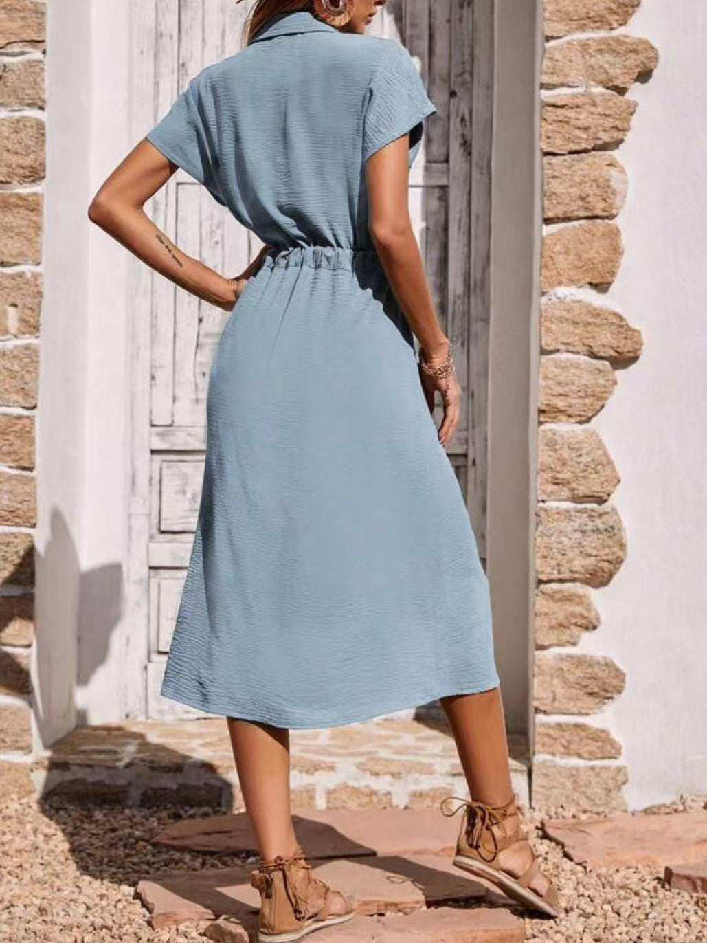 Comfortable Shirt Collar Waist-Cinching Dress