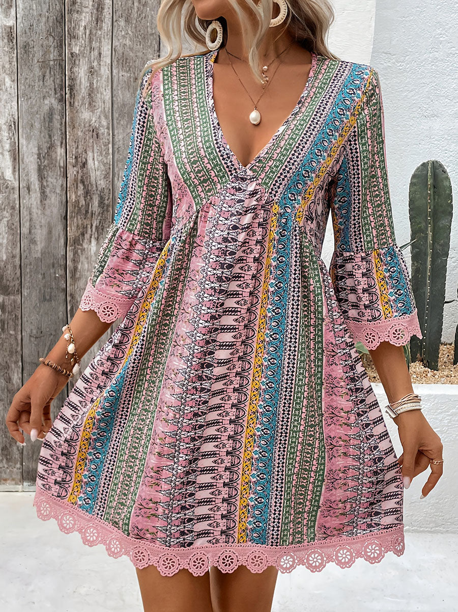 Fashion V-neck geometric print casual swing dress