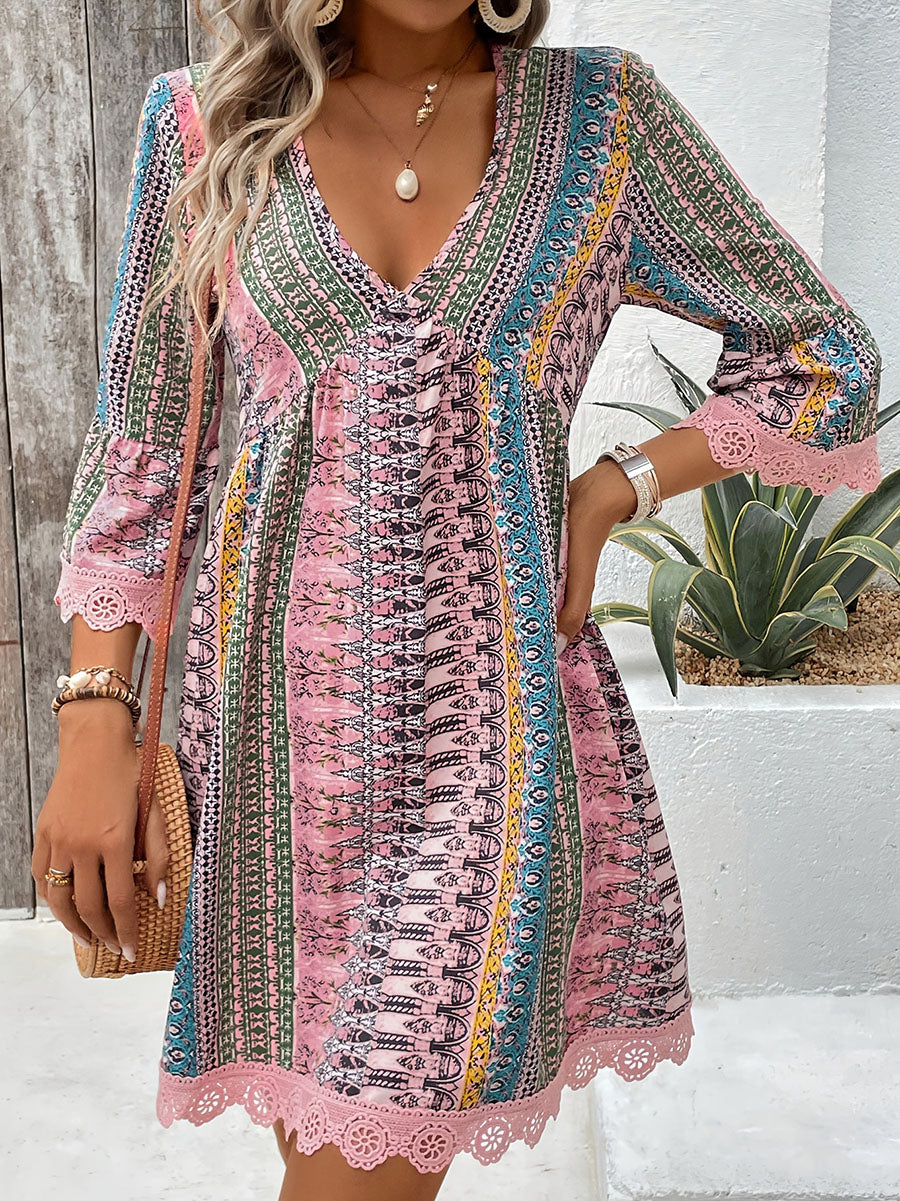 Fashion V-neck geometric print casual swing dress