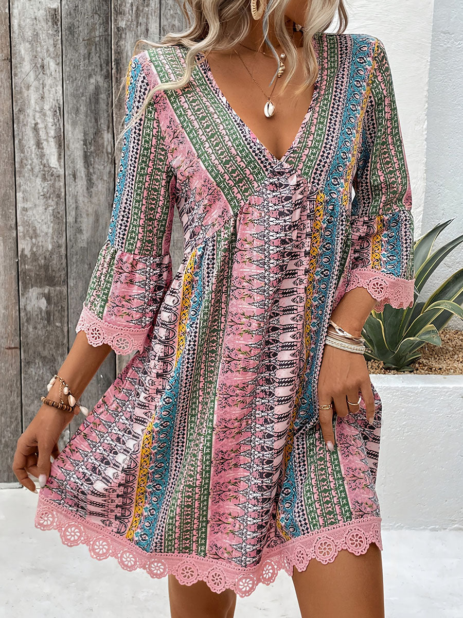 Fashion V-neck geometric print casual swing dress