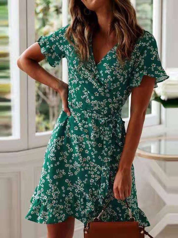 Floral Print V-Neck Cinched-Waist Chiffon Dress