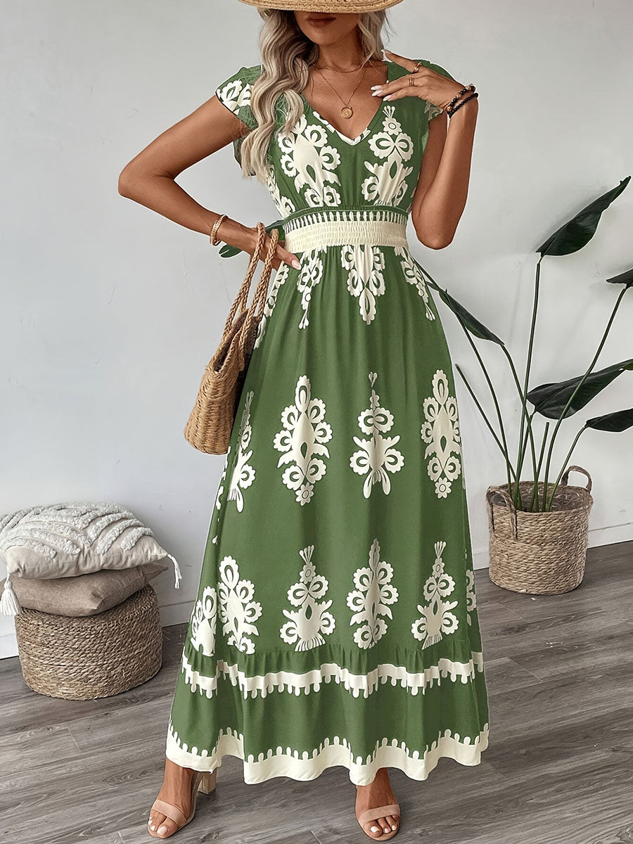 Holiday style beach dress printed V-neck swing dress