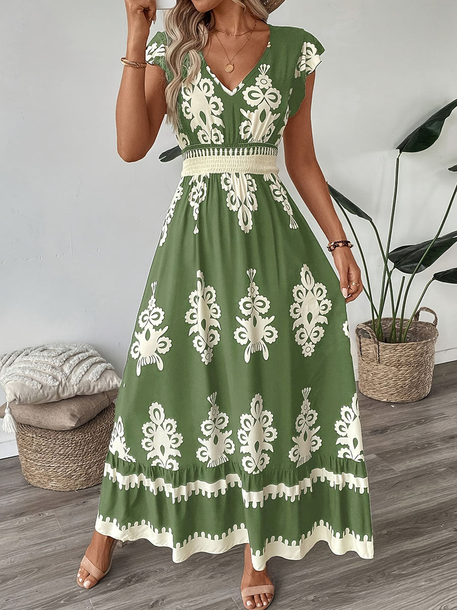 Holiday style beach dress printed V-neck swing dress