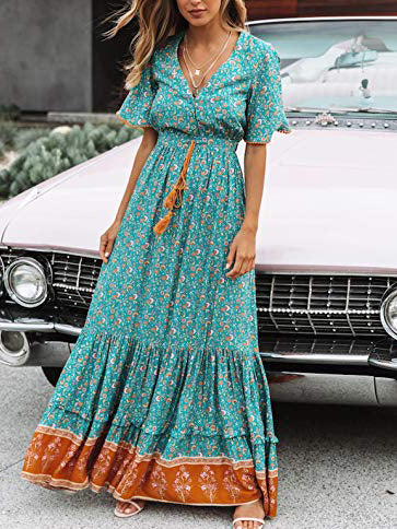 Printed Bohemian Maxi Beach Vacation Dress