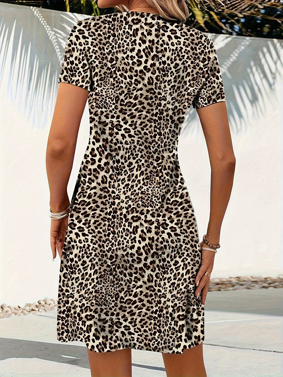 Leopard print twist V-neck fashion short-sleeved mid-length dress