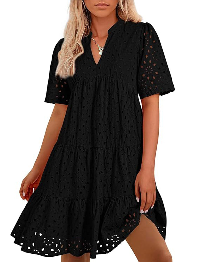 Women's V Neck Short Sleeve Hollow Out Mini Vacation Dress