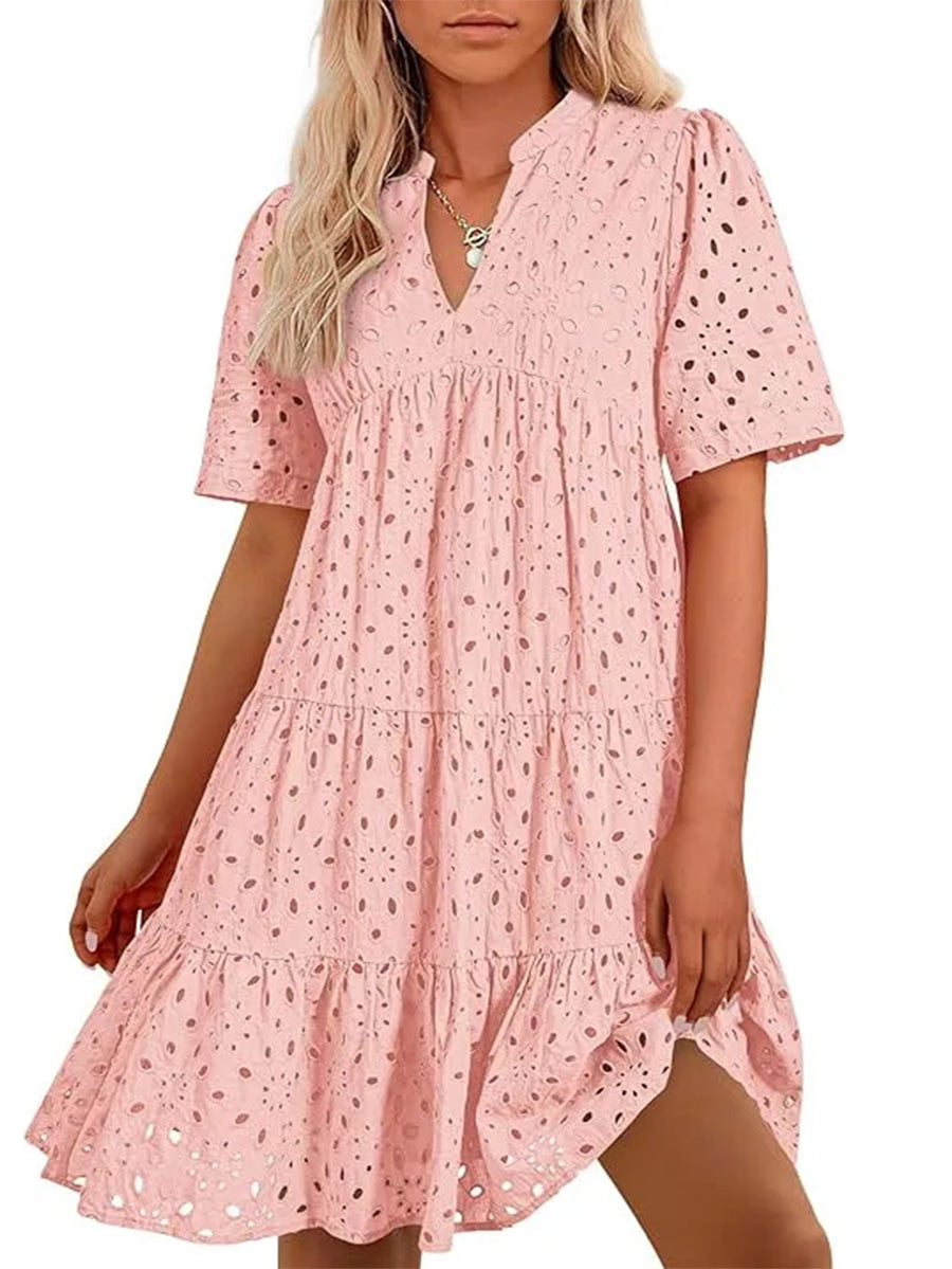 Women's V Neck Short Sleeve Hollow Out Mini Vacation Dress