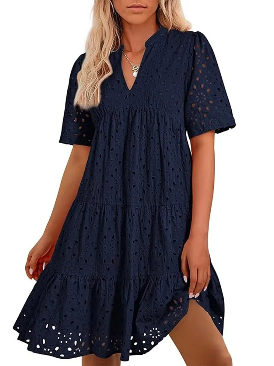 Women's V Neck Short Sleeve Hollow Out Mini Vacation Dress