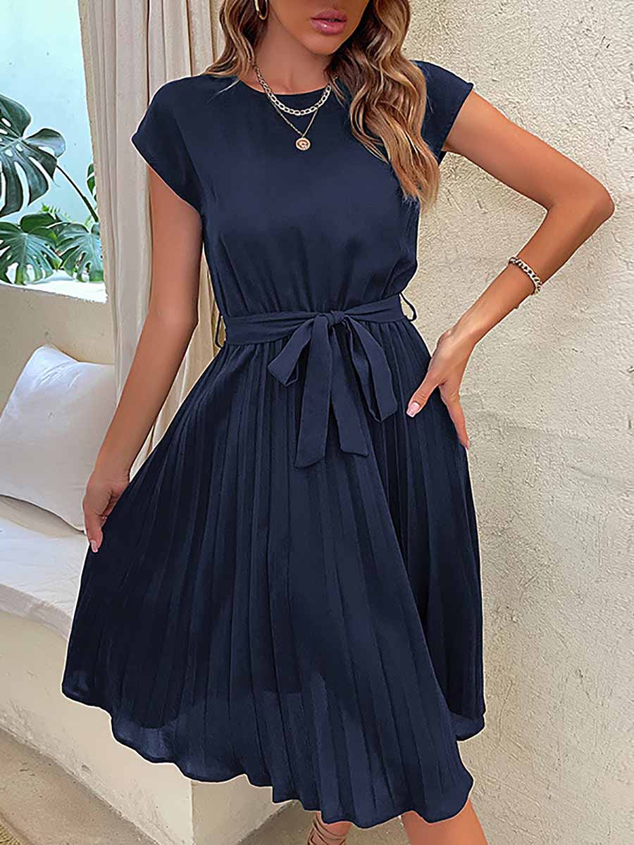 Bellevoga Solid Color Lace-Up Pleated Dress