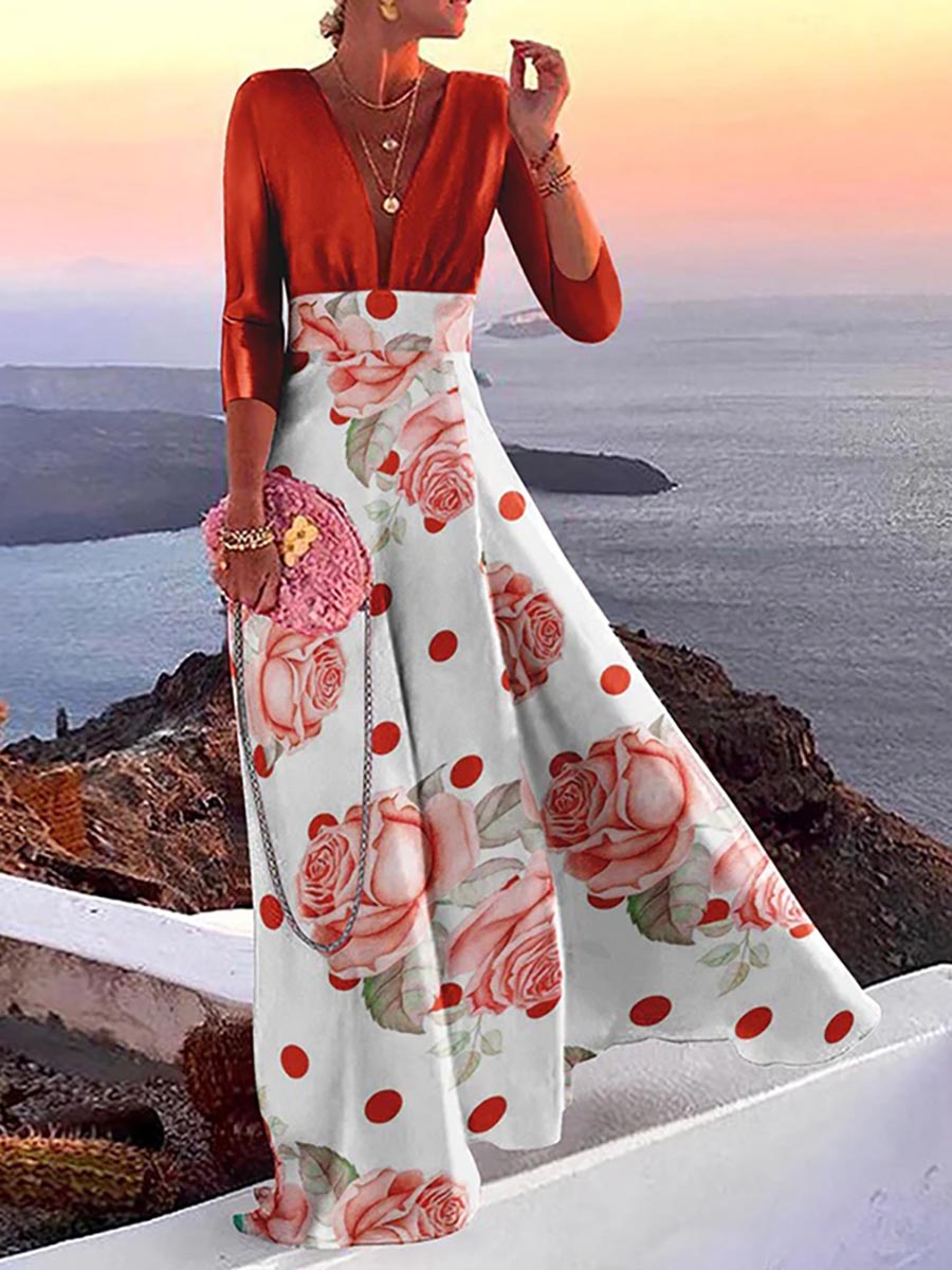 Bellevoga Fashion Print Long Sleeve Plunge V Neck Color Block Dresses