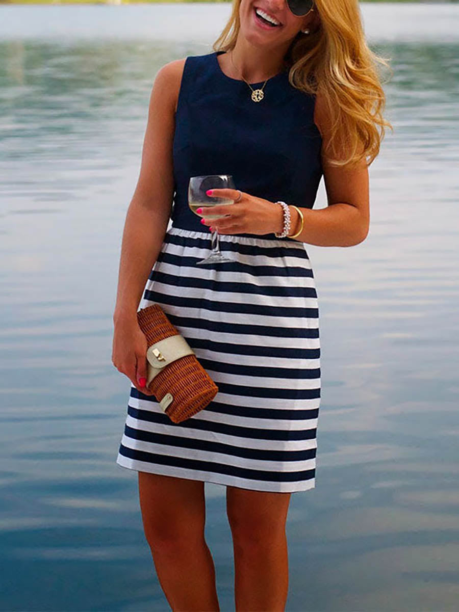 Bellevoga Casual Crewneck Sleeveless Stripes Dress