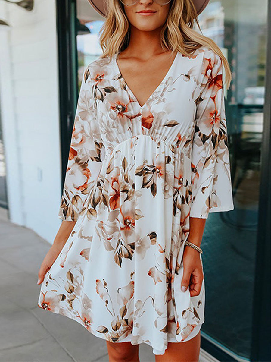 Bellevoga  V Neck Bell Sleeves Printed Swing Dresses