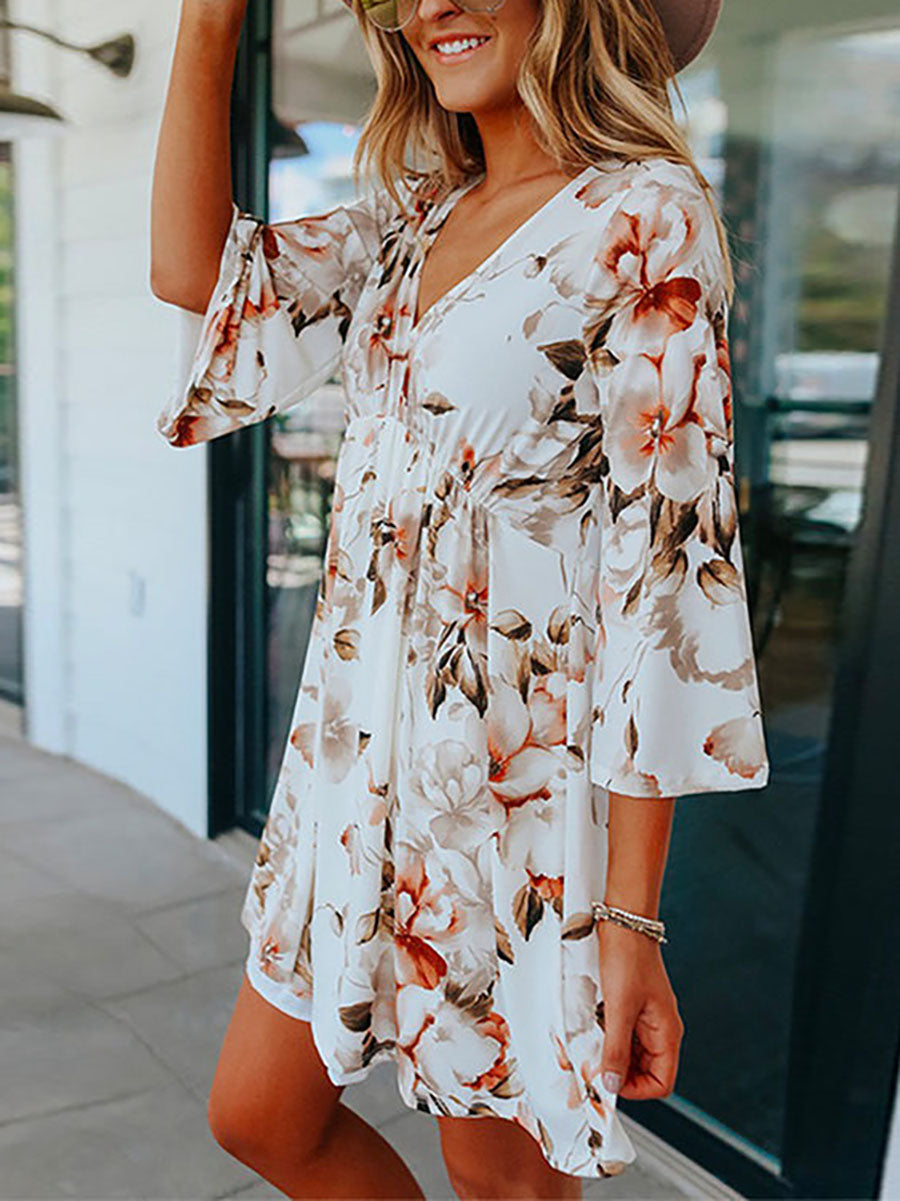 Bellevoga  V Neck Bell Sleeves Printed Swing Dresses