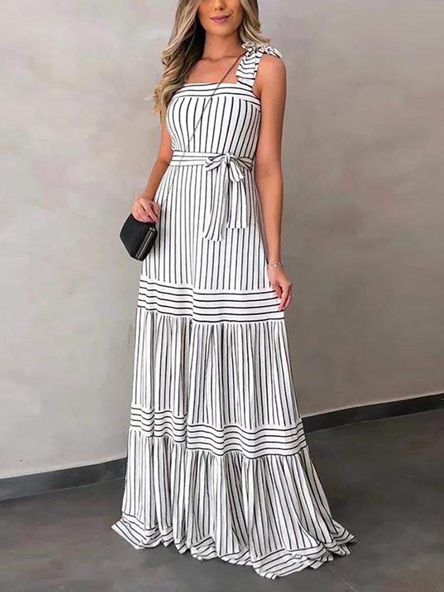 Bellevoga Stripe Bow Tie Belted Maxi Dress