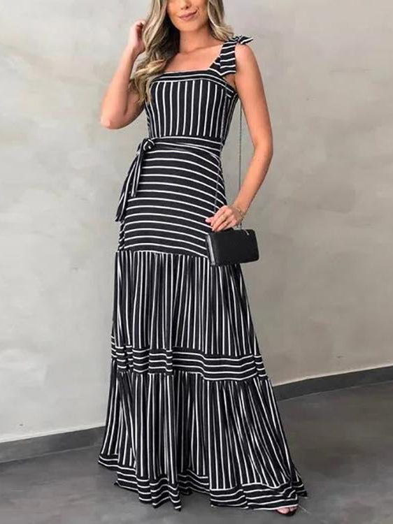 Bellevoga Stripe Bow Tie Belted Maxi Dress