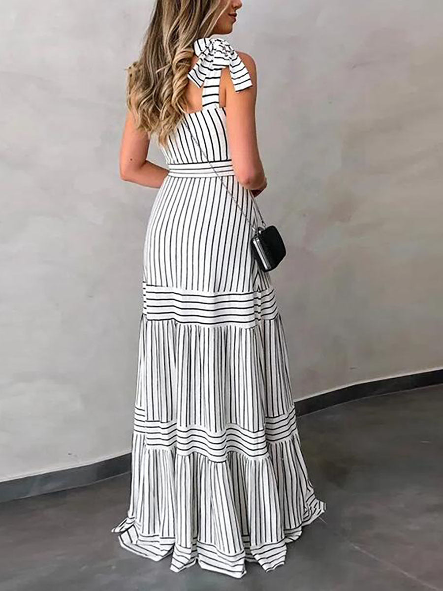 Bellevoga Stripe Bow Tie Belted Maxi Dress