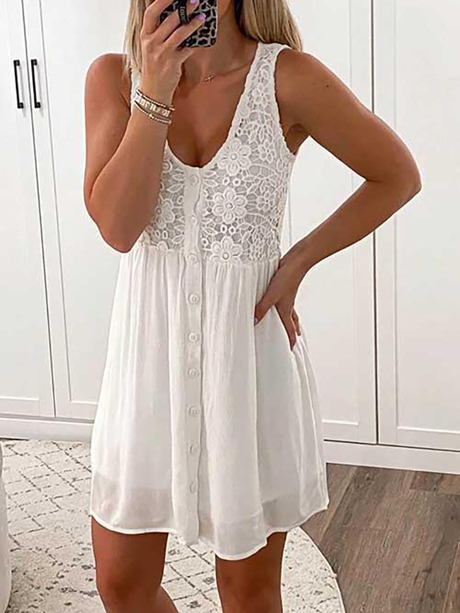 Bellevoga Lace Floral Button Down Tank Dress