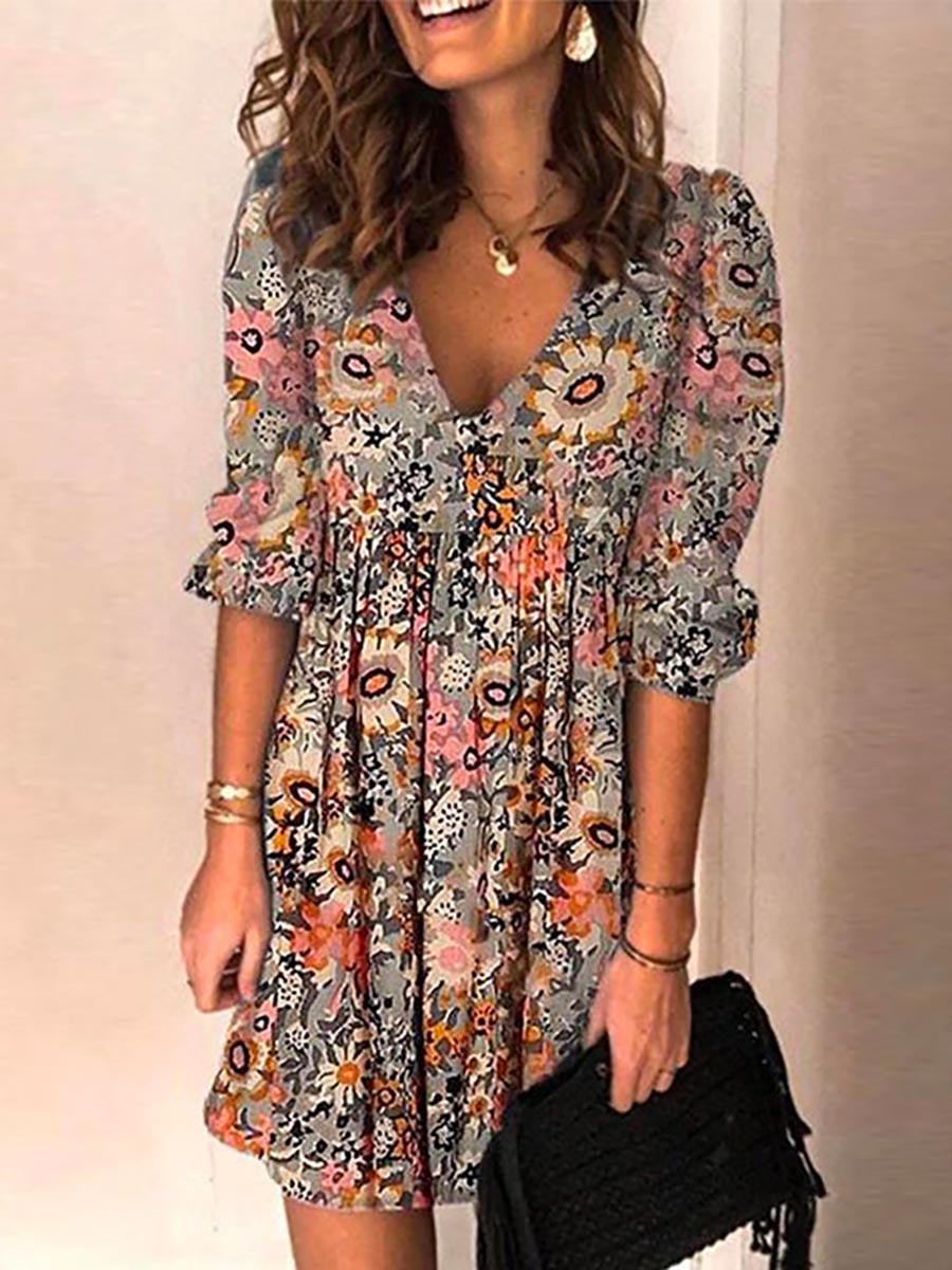 Bellevoga Casual V Neck Half Sleeve Printed Swing Dress