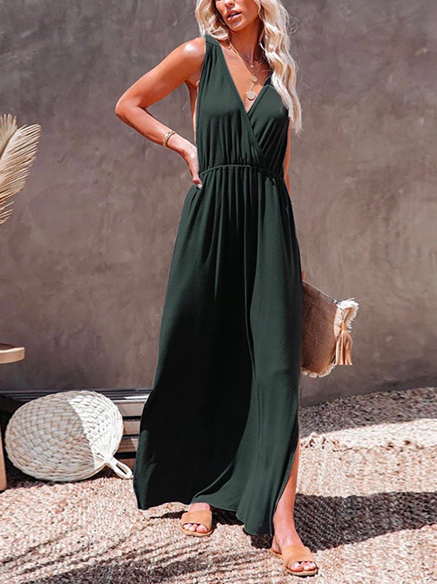 Bellevoga Sleeveless V Neck Side Split Solid Maxi Sundress