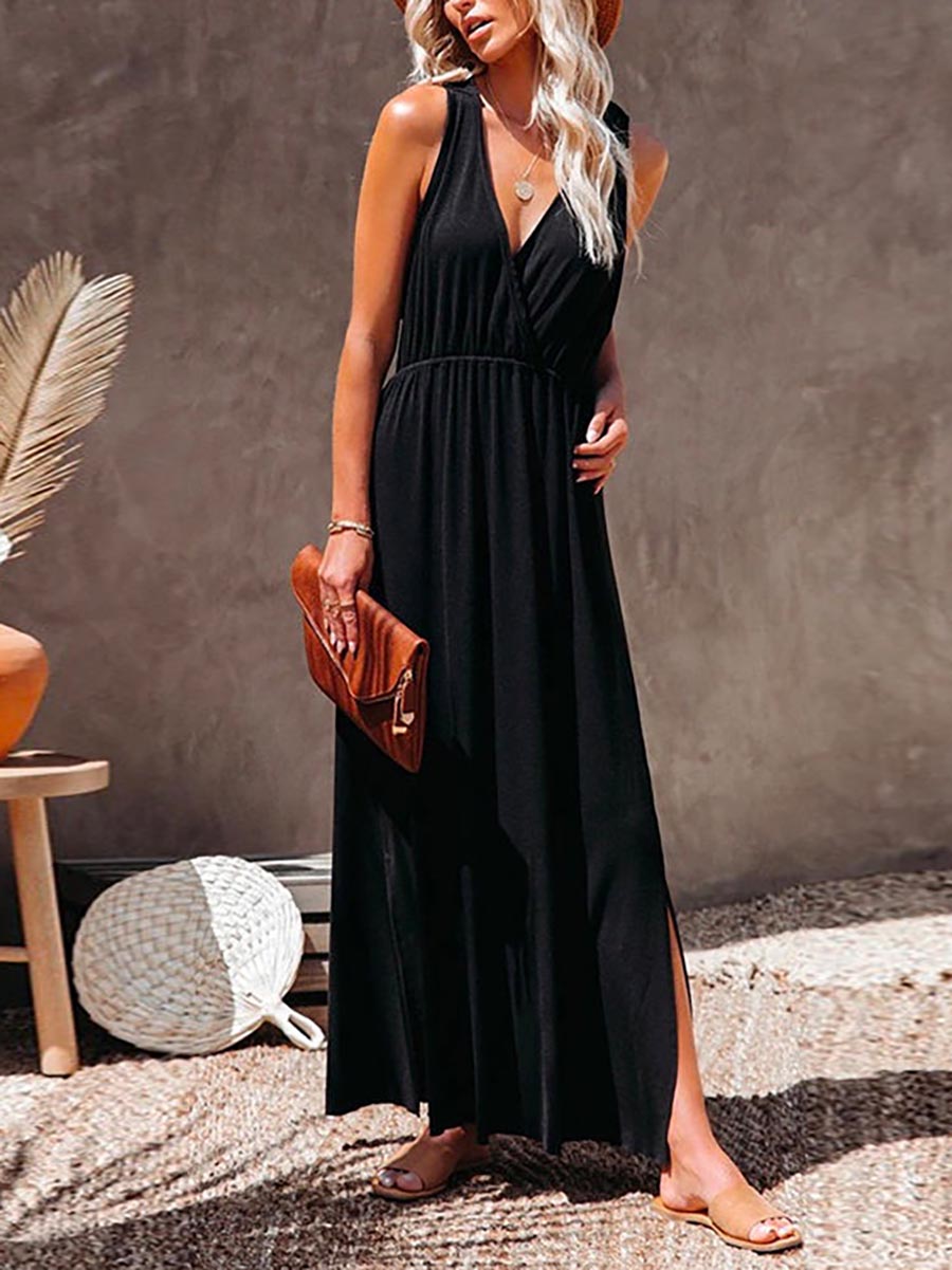 Bellevoga Sleeveless V Neck Side Split Solid Maxi Sundress