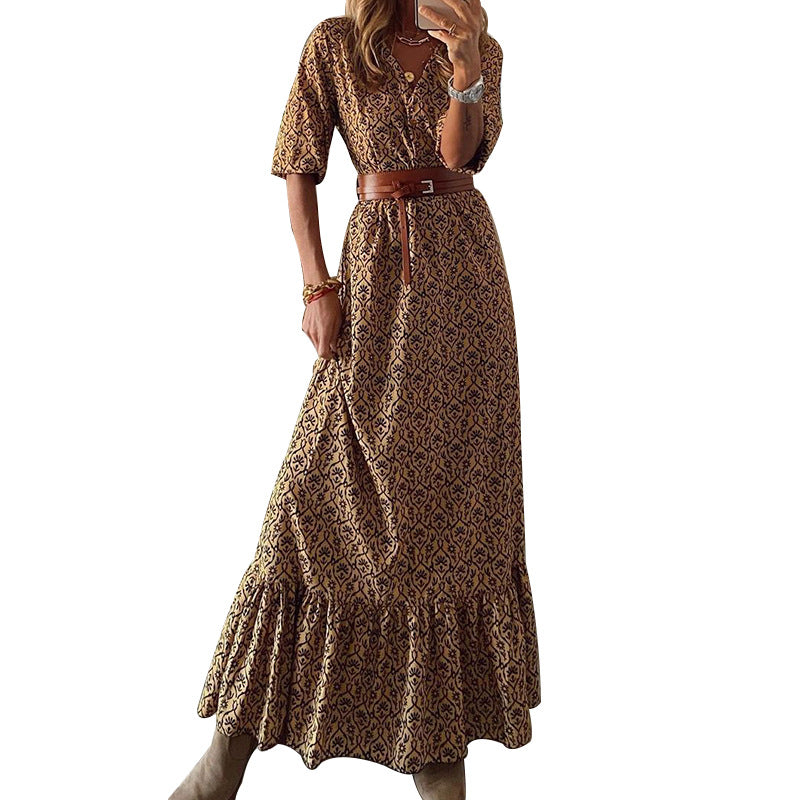 Bellevoga Bohemian Print Short-Sleeved V-Neck Dress