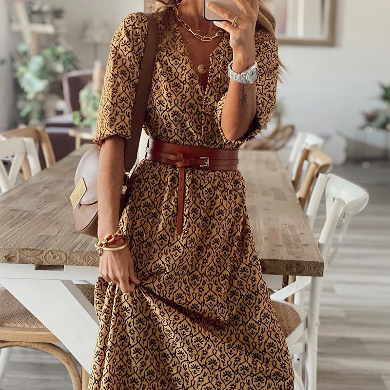 Bellevoga Bohemian Print Short-Sleeved V-Neck Dress