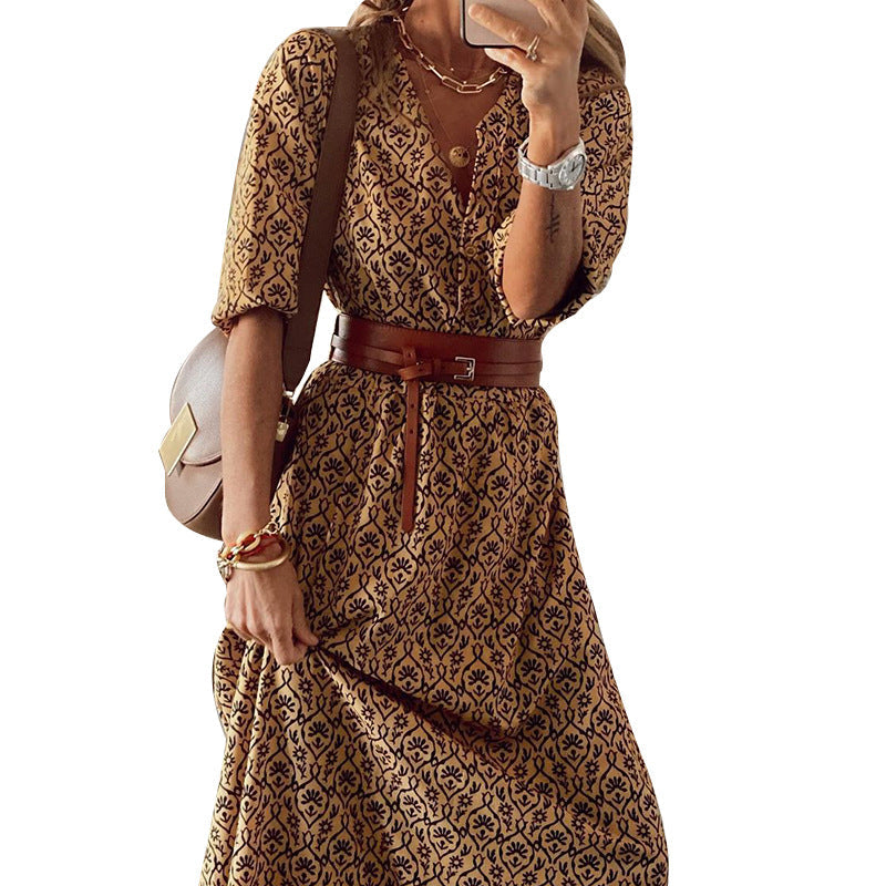 Bellevoga Bohemian Print Short-Sleeved V-Neck Dress