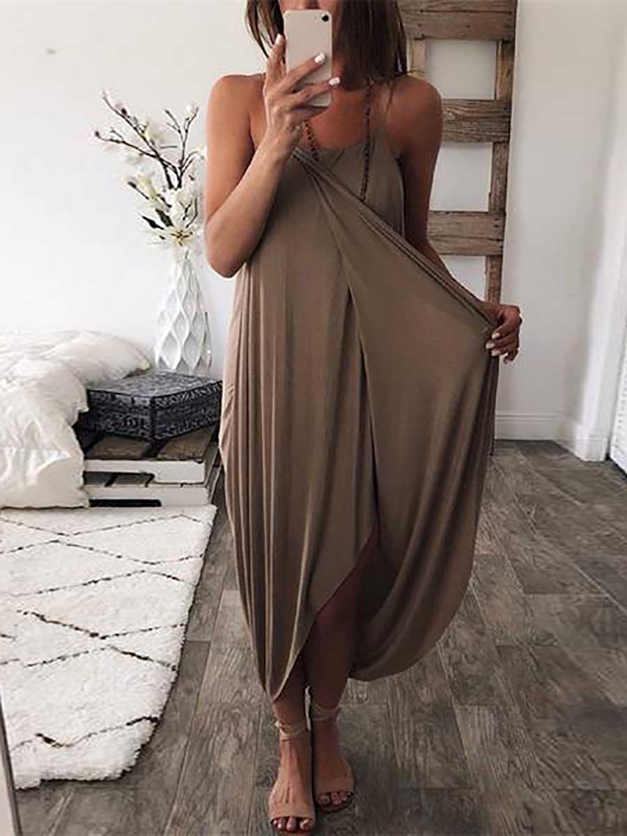 Bellevoga Wrapped Split Solid Cami Beach Dress