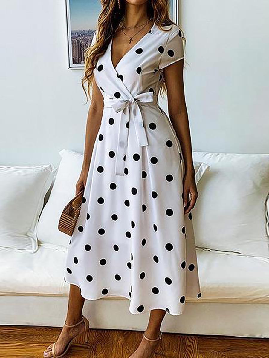 Bellevoga Dot Print V Neck Sleeveless Dress