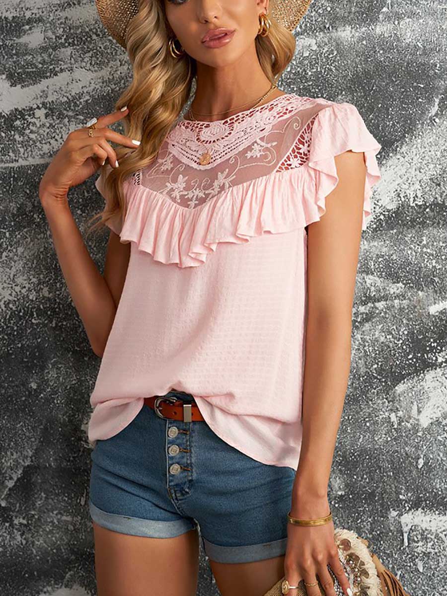 Bellevoga Lace Ruffle Round Neck Top