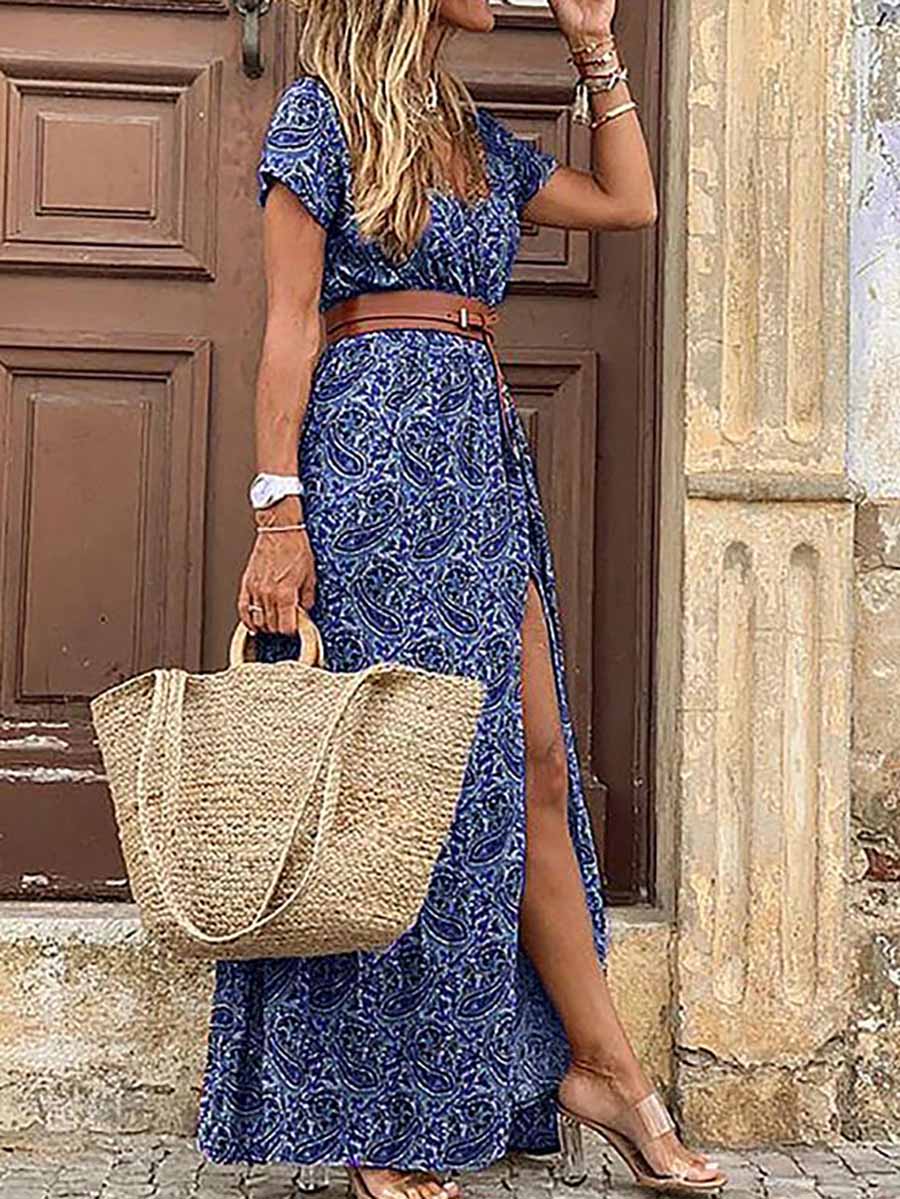 Bellevoga Boho Style V-neck Floral Belt Dress (7 colors)