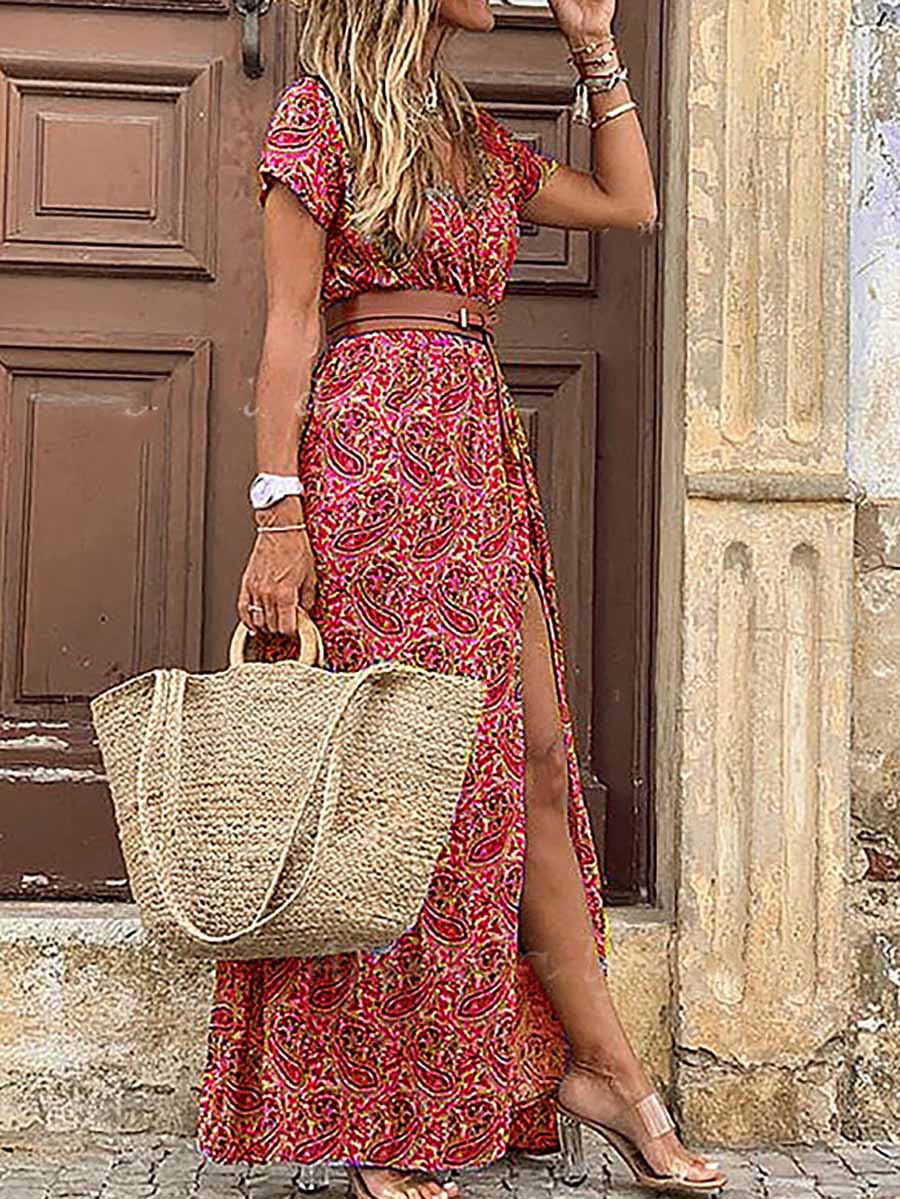 Bellevoga Boho Style V-neck Floral Belt Dress (7 colors)