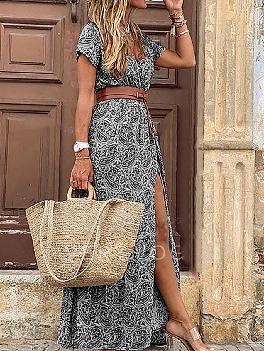 Bellevoga Boho Style V-neck Floral Belt Dress (7 colors)