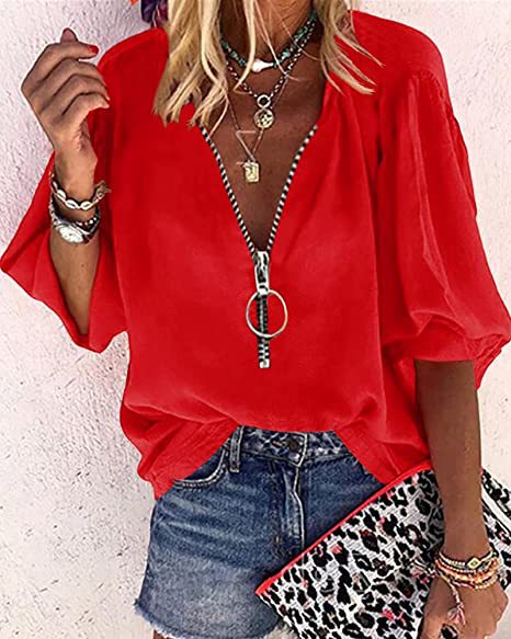 Bellevoga Solid Color V-Neck Zipper Shirt